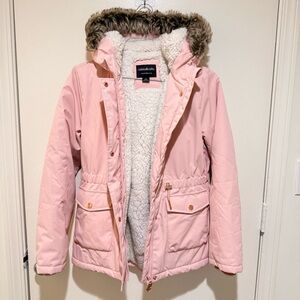 Kids Pink Puffer Jacket with Faux Fur Hood